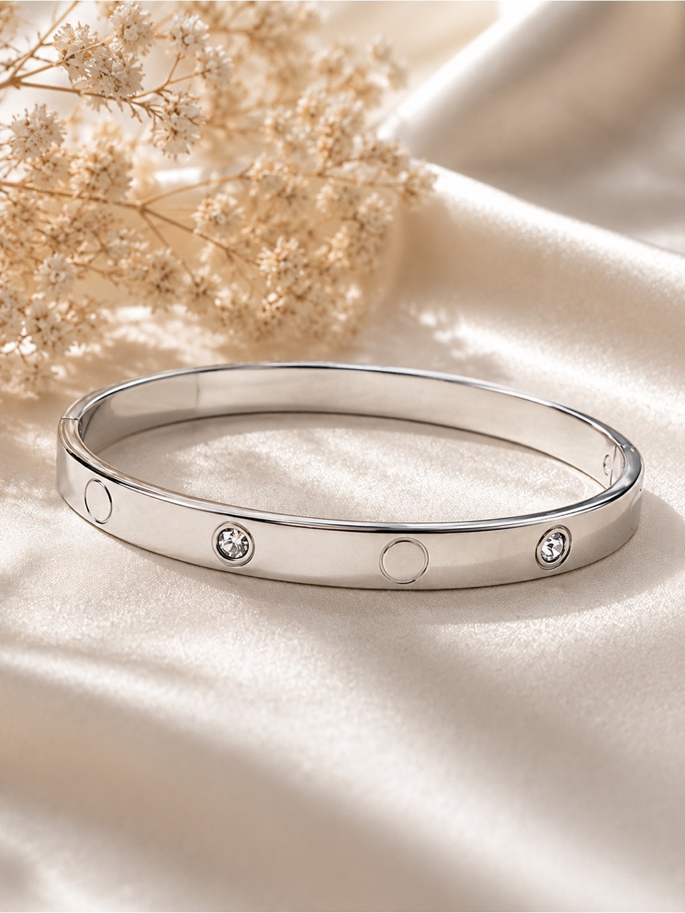 Silver Crystal Station Hinged Bangle Bracelet Luxury Inspired